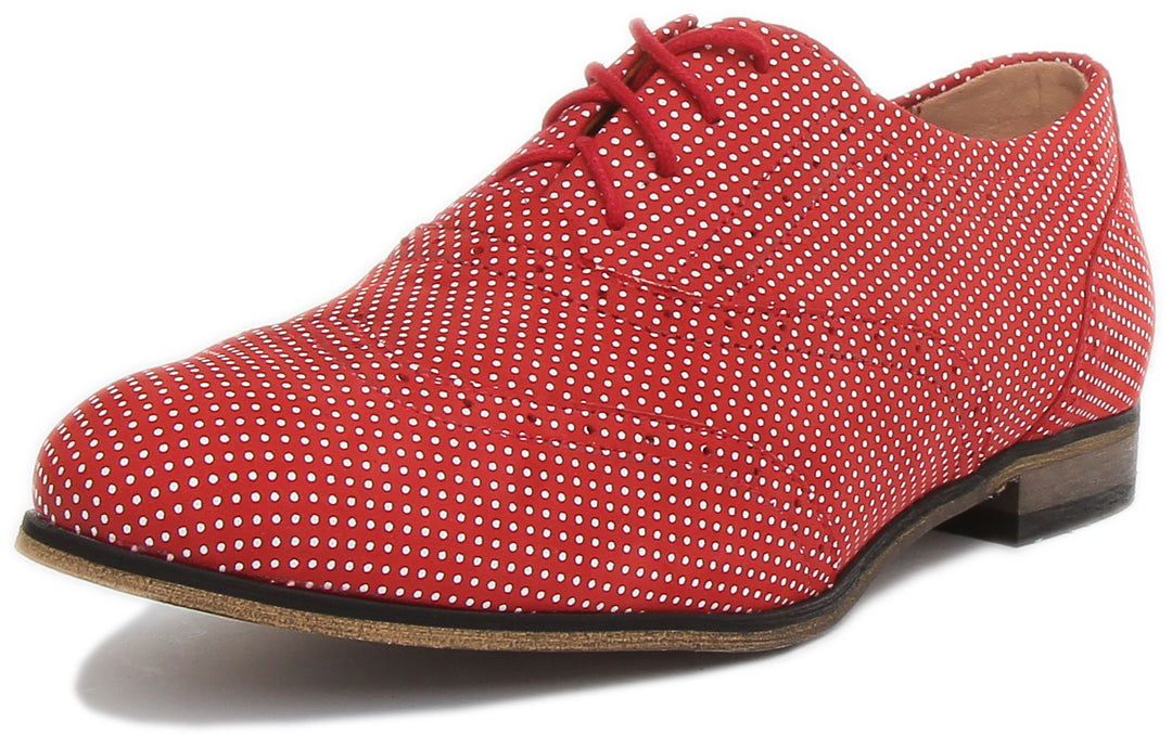 JUSTINREESS ENGLAND Womens Shoes Kalina Lace up Flat Brogues In Red Pokadots