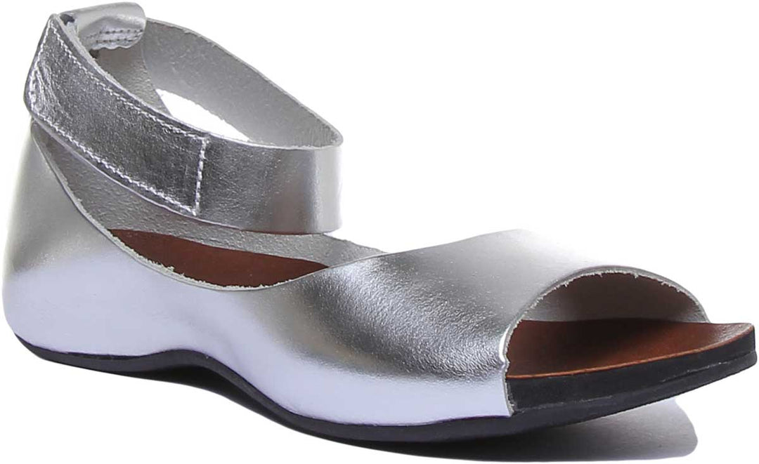 JUSTINREESS ENGLAND Womens Sandals 7020 Ankle Strap Peep Toe Sandal In Silver