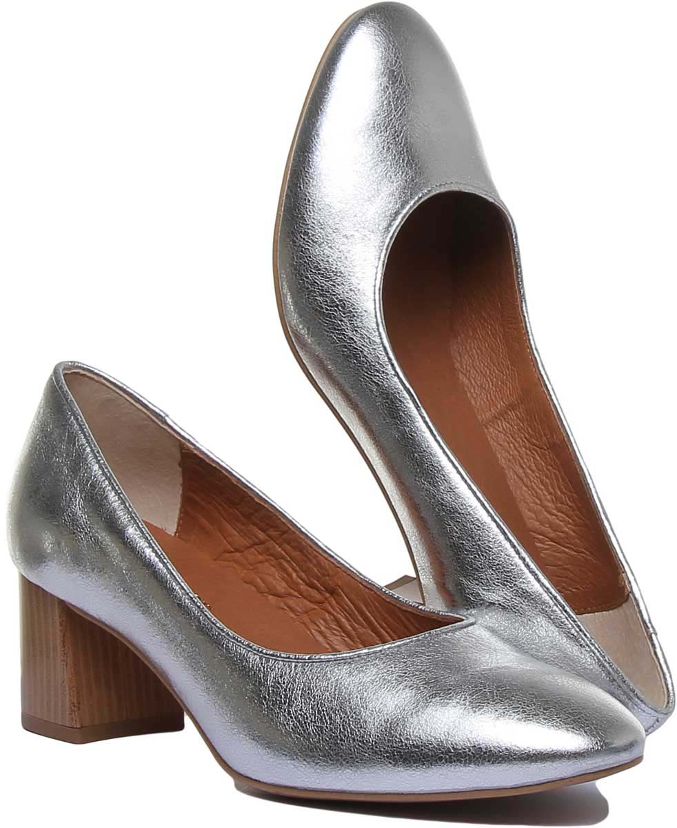 JUSTINREESS ENGLAND Womens Heel Shoes 7400 Block Heel Slip On Leather Shoe In Silver