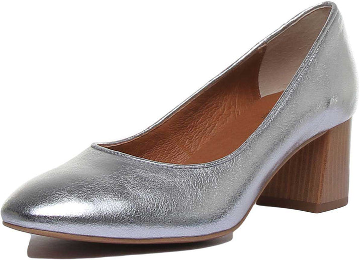 JUSTINREESS ENGLAND Womens Heel Shoes 7400 Block Heel Slip On Leather Shoe In Silver