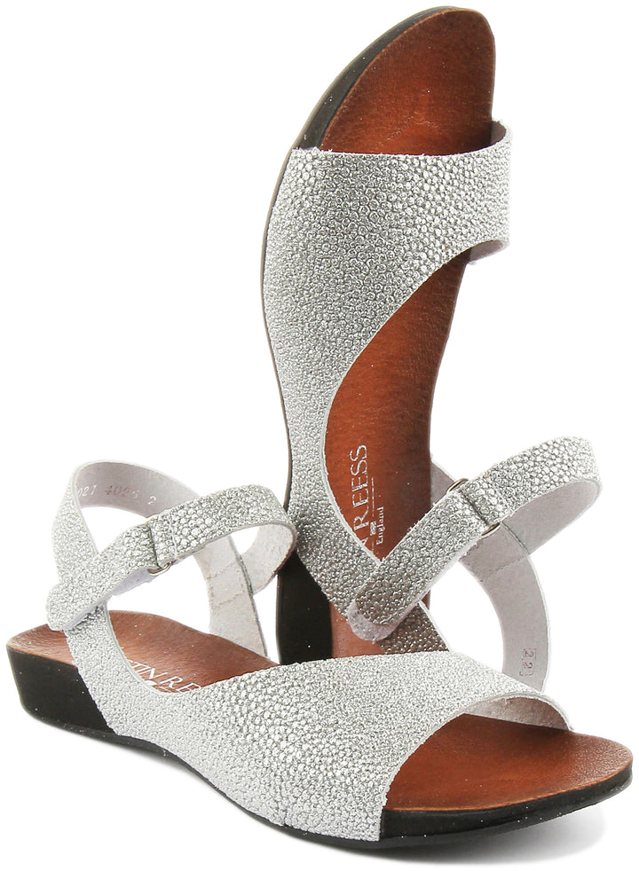 JUSTINREESS ENGLAND Womens Sandals Jimena Flat Comfort Sandal with Strap in Silver