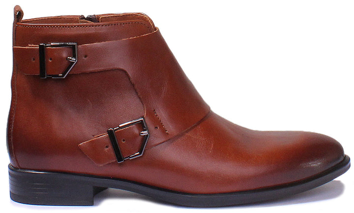 JUSTINREESS ENGLAND Womens Ankle Boots 7900 Leather Buckle Up Military Boot In Tan