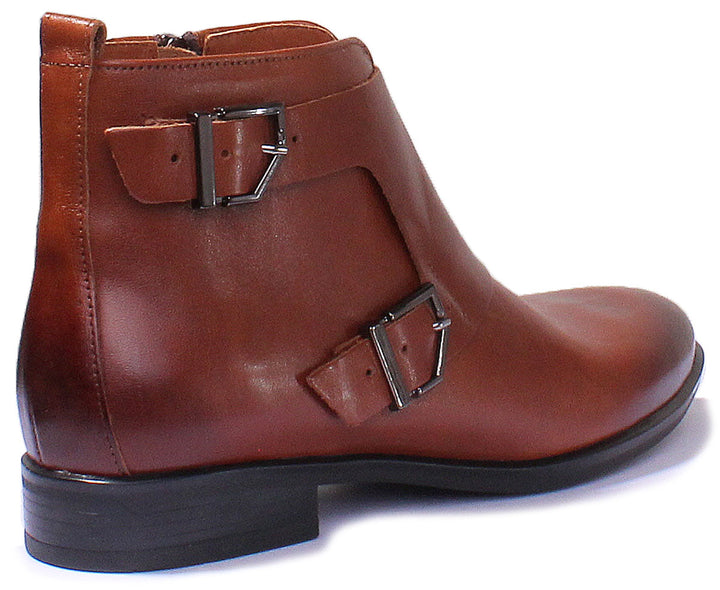 JUSTINREESS ENGLAND Womens Ankle Boots 7900 Leather Buckle Up Military Boot In Tan