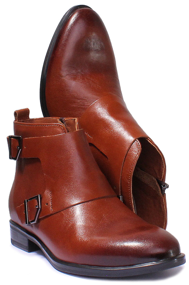 JUSTINREESS ENGLAND Womens Ankle Boots 7900 Leather Buckle Up Military Boot In Tan