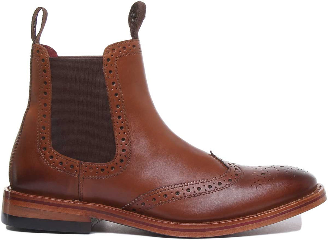 JUSTINREESS ENGLAND Mens Ankle Boots Carter Brogue Chelsea Boot In Tan Leather