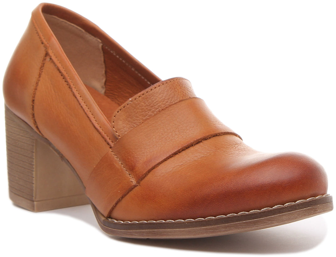 Dahlia In Tan Womens Slip On Block Heel Leather Loafer Shoes