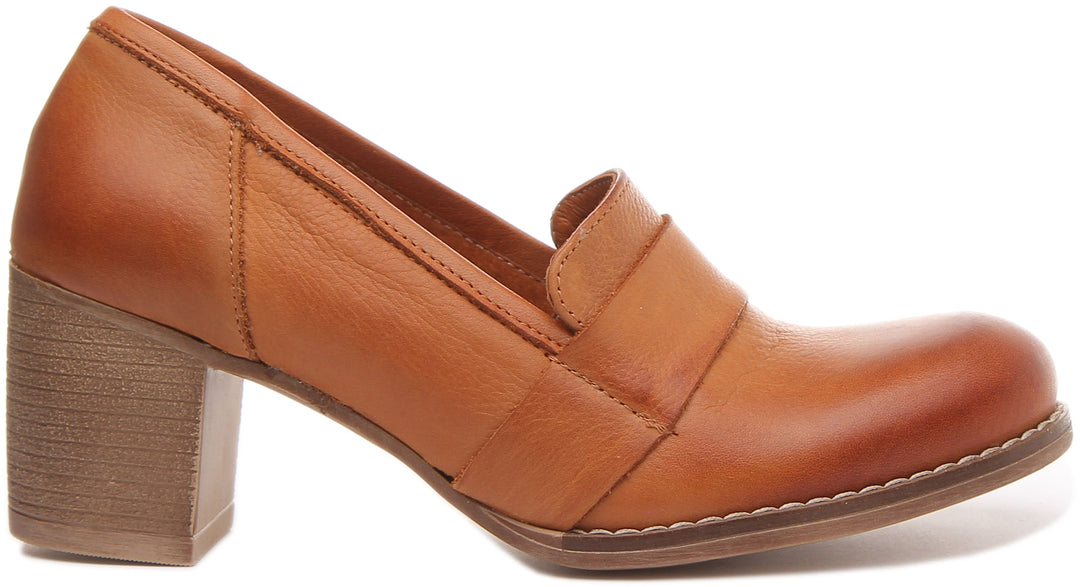 JUSTINREESS ENGLAND Womens Heel Shoes Dahlia Slip On Heeled Loafer in Tan