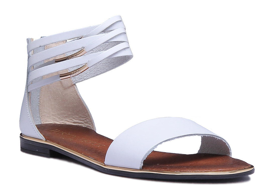 JUSTINREESS ENGLAND Womens Sandals 9000 Flat Ankle Strap Leather Sandal In White