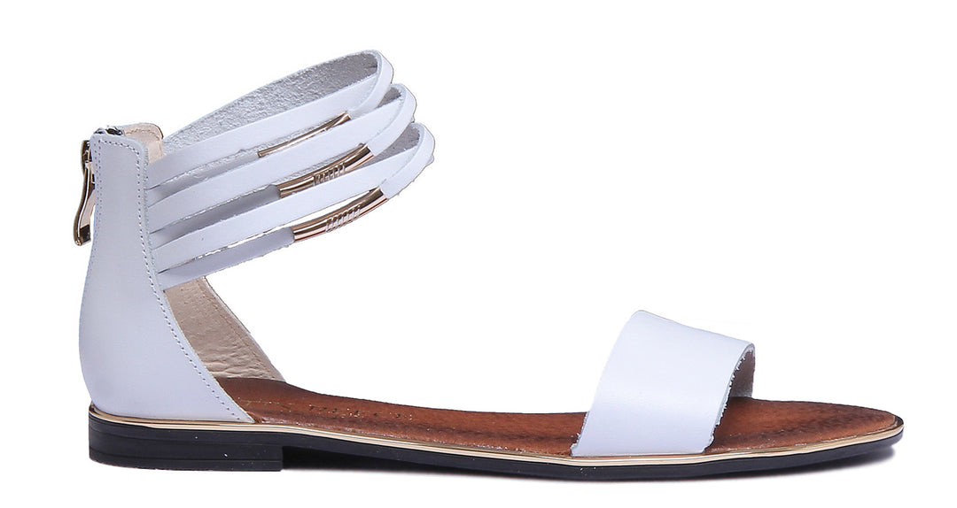 JUSTINREESS ENGLAND Womens Sandals 9000 Flat Ankle Strap Leather Sandal In White
