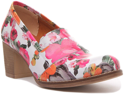 Dahlia Slip On Heeled Loafer in White Floral Print