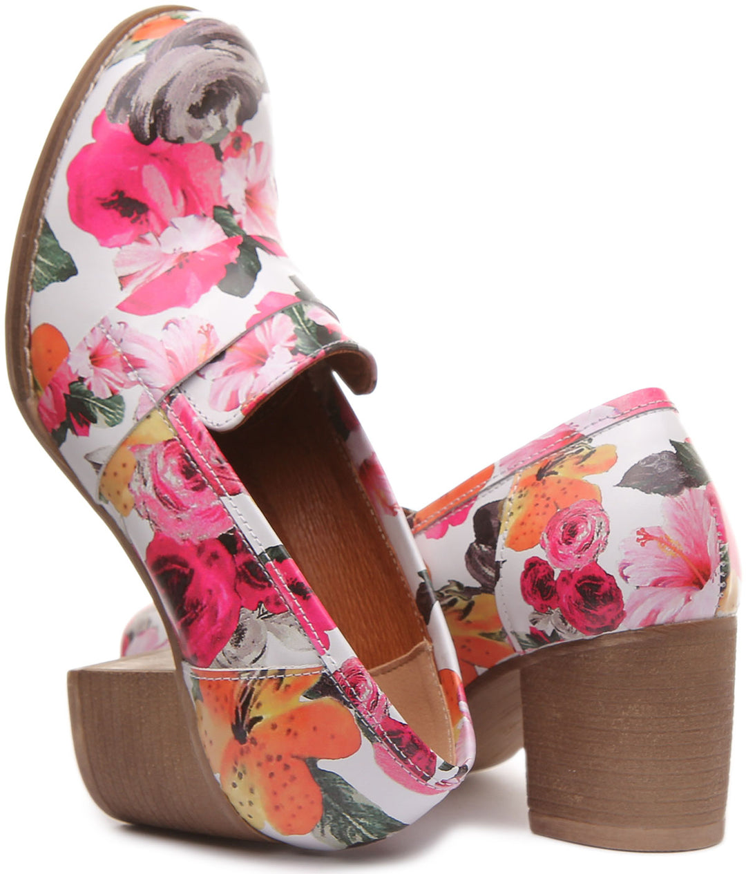 JUSTINREESS ENGLAND Womens Heel Shoes Dahlia Slip On Heeled Loafer in White Floral Print