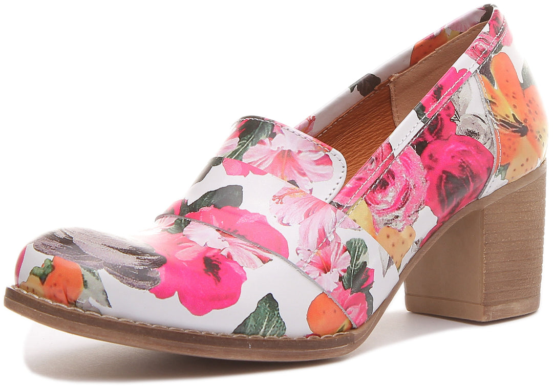 JUSTINREESS ENGLAND Womens Heel Shoes Dahlia Slip On Heeled Loafer in White Floral Print