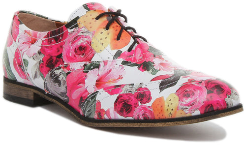 Kalina Lace up Flat Brogue In White Floral Print